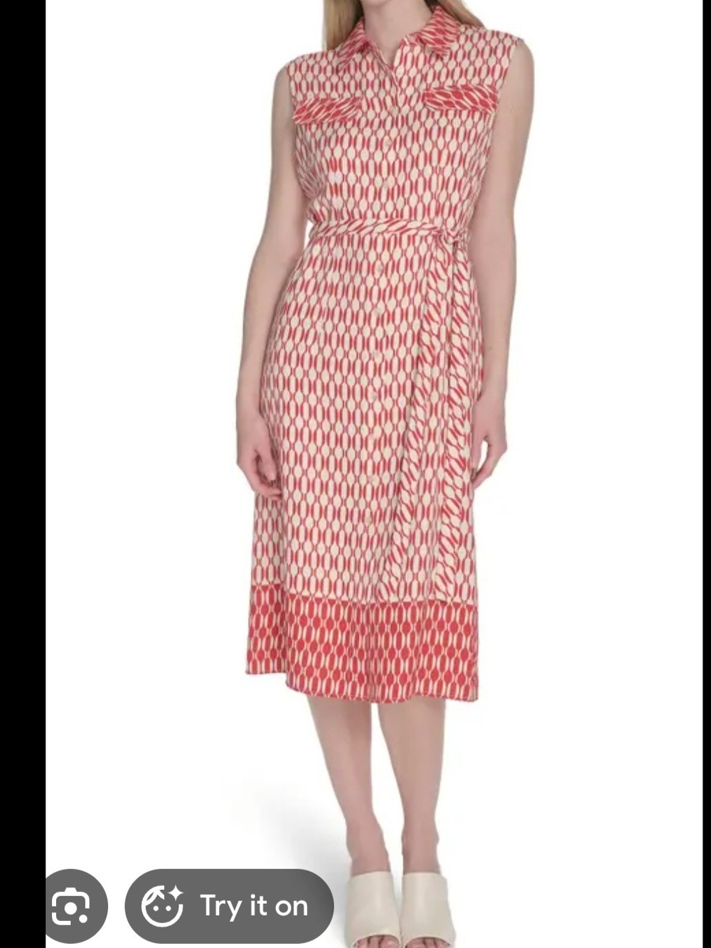 Sleeveless Red and Cream Geometric Printed Midi Shirt Dress with Waist Tie